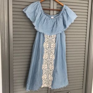 Blue jean dress with white embroidery